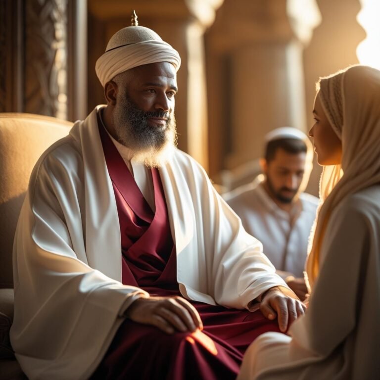 marabout puissant sage , un grand homme d'origine africain bien habillé en blanc rouge bien assie confortablement en consultation avec un couple (1)