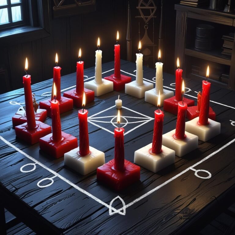 un rituel de magie avec de bougies rouge et blanc instale correctement et marqué par le simbole du pentagone