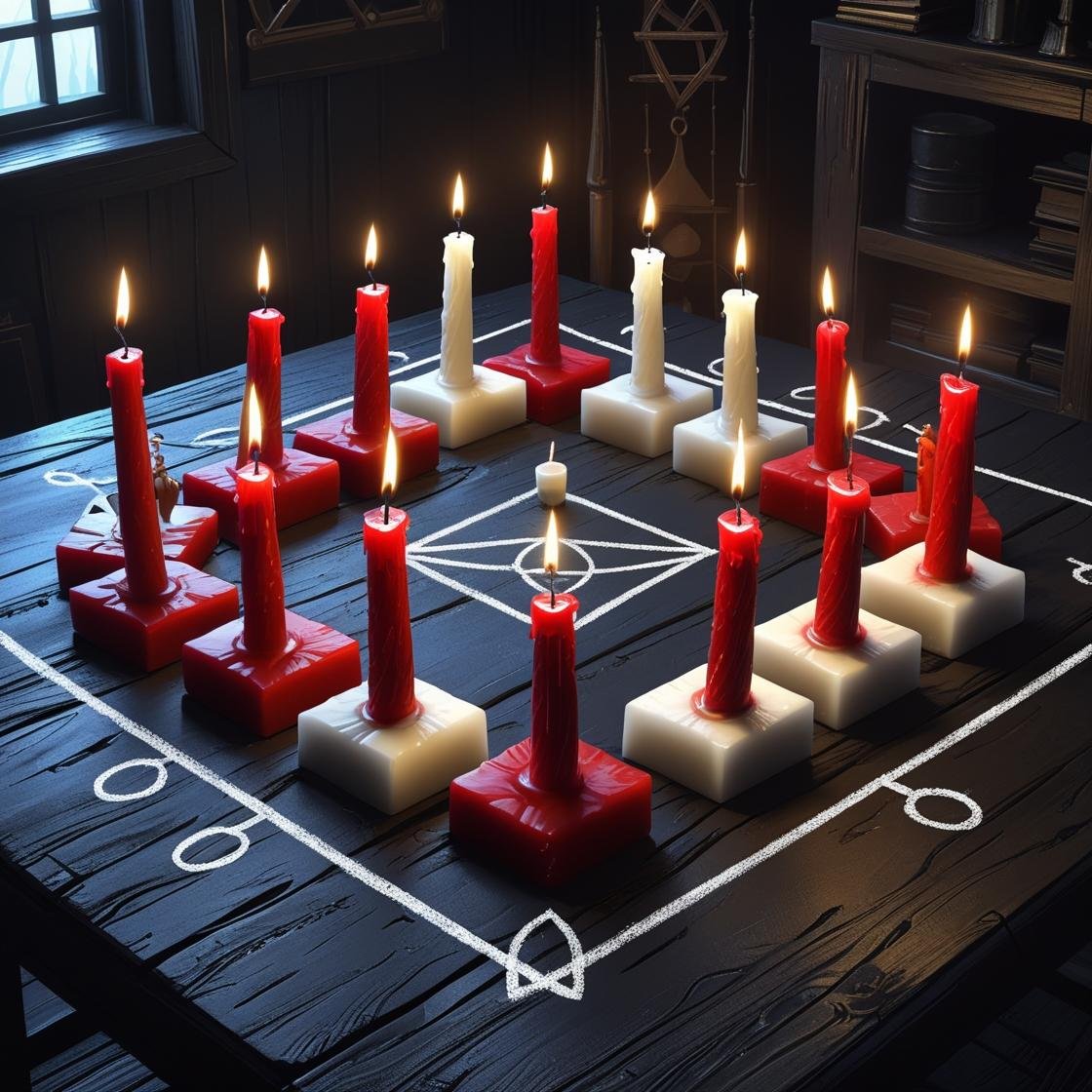un rituel de magie avec de bougies rouge et blanc instale correctement et marqué par le simbole du pentagone